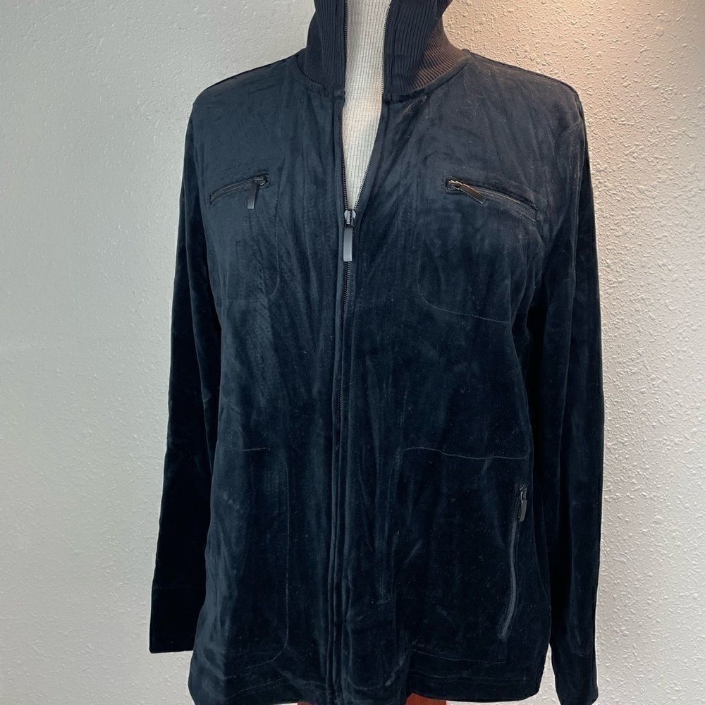 NWT Lauren Ralph Lauren Black Velour Double Zipper Jacket Size M